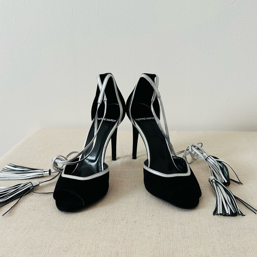 New Pierre Hardy leather suede black silver tassel sandals